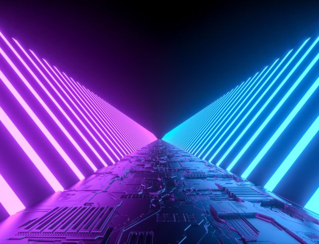 3D Illustration. Futuristic sci-fi tunnel corridor with neon lights. Futuristic and Sci-Fi concept.